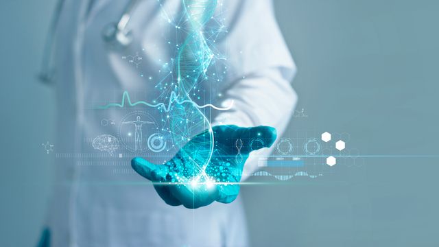 Doctor holding digital DNA strand hologram, representing direct-to-consumer genetic testing. 