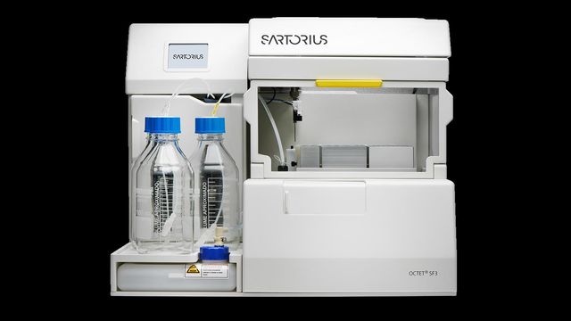 Laboratory instrument with "Sartorius" branding, featuring two reagent bottles and the Octet® SF3 system