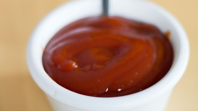 A small white pot of red ketchup. 
