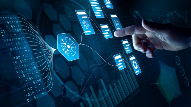 Hand interacting with futuristic digital interface showing AI-driven CRISPR gene-editing data. 