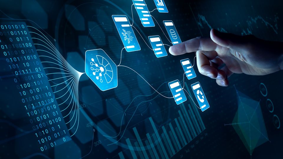 Hand interacting with futuristic digital interface showing AI-driven CRISPR gene-editing data.