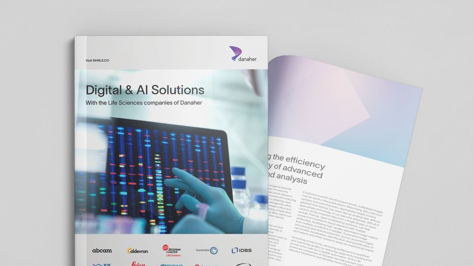 Life science eBook cover on digital and AI solutions for data analysis from Danaher companies.