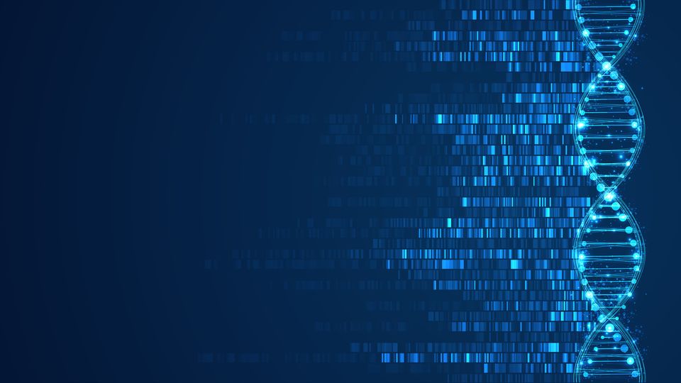 Digital illustration of a DNA double helix with data sequences, symbolizing genome analysis technology.