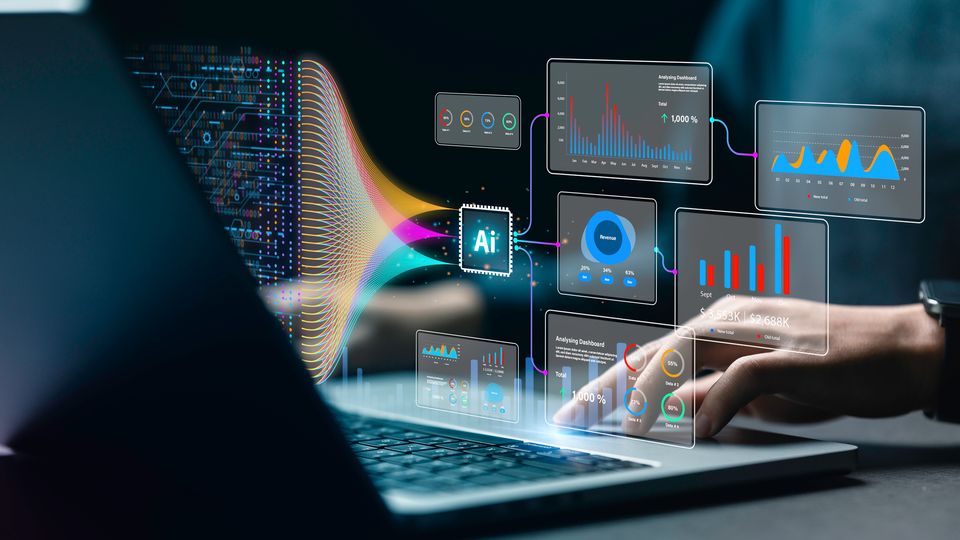 Person using a laptop with AI-powered data visualization dashboards and analytics graphics.