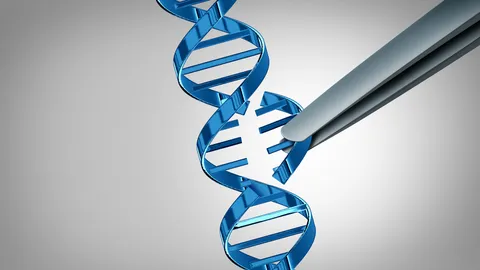 Illustration of gene editing with tweezers modifying a DNA strand, representing life science innovation.