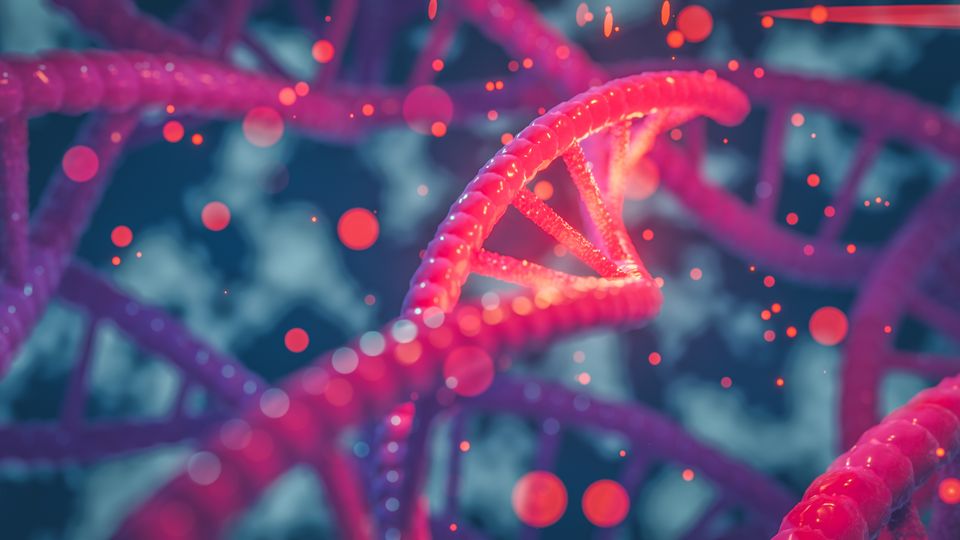 Close-up 3D illustration of glowing DNA strands representing genetic material and gene research.