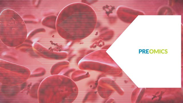 Abstract blue background with red blood cells representing proteomics research 