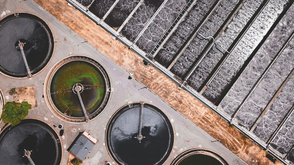 An aerial view of a wastewater treatment plant.