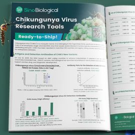 Open magazine spread on Chikungunya virus research tools with mosquitoes and molecular graphics in the background 