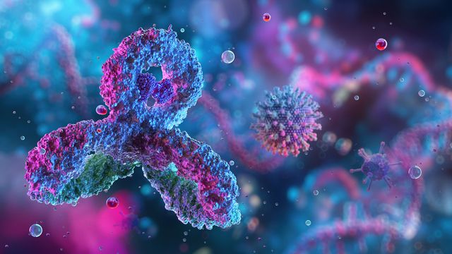 An antibody approaching a virus with DNA molecules in background, representing antibody-based therapy. 