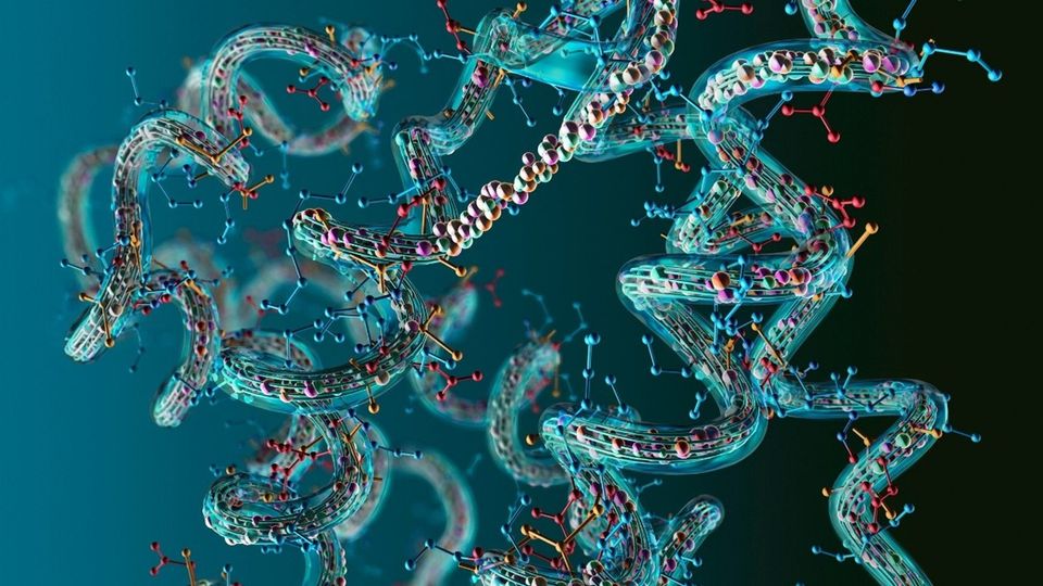 Colorful protein chains symbolizing high-resolution spatial proteomics research