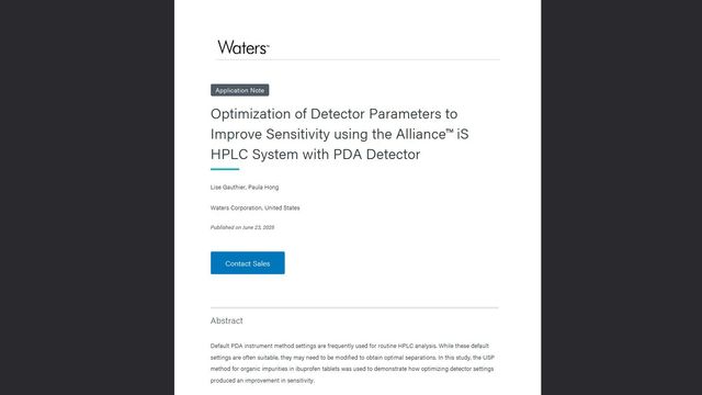 Waters application note on optimizing detector parameters to improve sensitivity with the Alliance iS HPLC system 