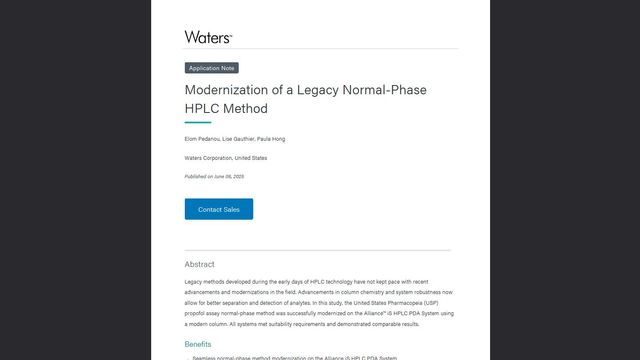 Waters application note on modernization of a legacy normal-phase HPLC method with the Alliance iS HPLC PDA system 