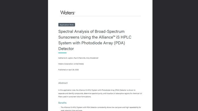 Waters application note on spectral analysis of broad-spectrum sunscreens using the Alliance iS HPLC system with PDA detector 