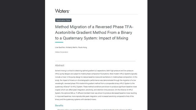 Waters application note on method migration of a reversed phase TFA-acetonitrile gradient from binary to quaternary HPLC system 
