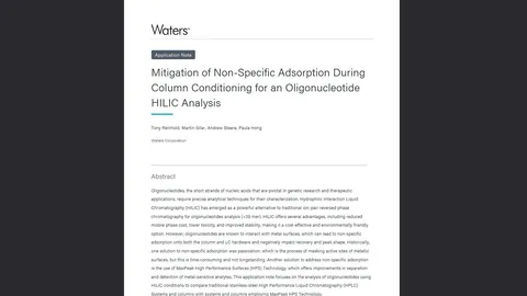 Waters application note on mitigating non-specific adsorption during column conditioning for oligonucleotide HILIC analysis