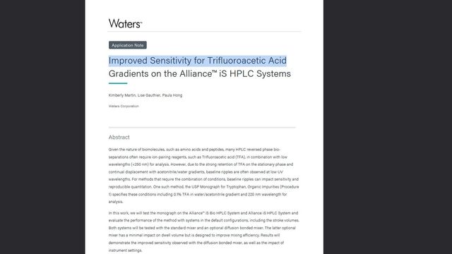Waters application note on improved sensitivity for trifluoroacetic acid gradients using the Alliance iS HPLC systems 