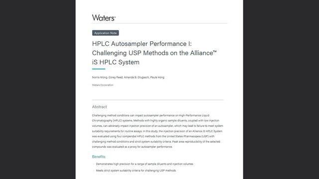 Waters application note on HPLC autosampler performance and challenging USP methods using the Alliance iS HPLC system 