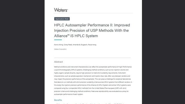 Waters application note on HPLC autosampler performance II, focusing on improved injection precision of USP methods 