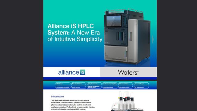 Waters Alliance iS HPLC System promotional image with instrument photo and tagline 'A New Era of Intuitive Simplicity 
