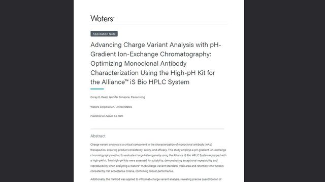 Waters application note on advancing charge variant analysis for monoclonal antibodies using the Alliance iS Bio HPLC system 