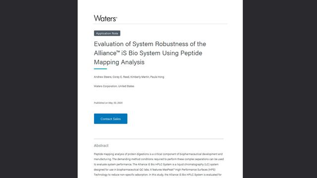 Waters application note on evaluating system robustness of the Alliance iS Bio HPLC system using peptide mapping analysis 