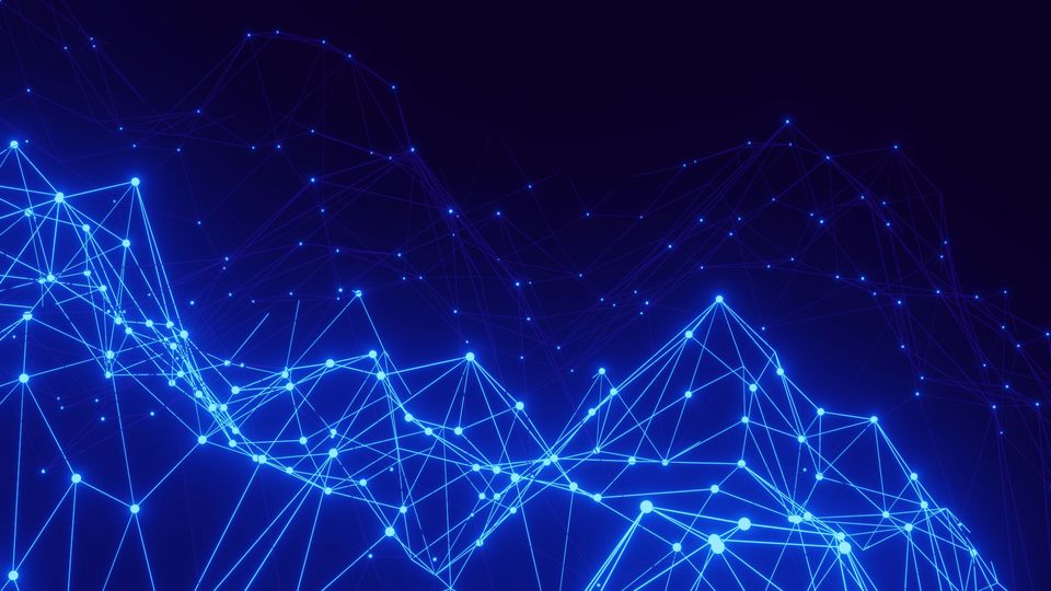 Glowing blue lines and dots, arranged to form the outline of mountains.