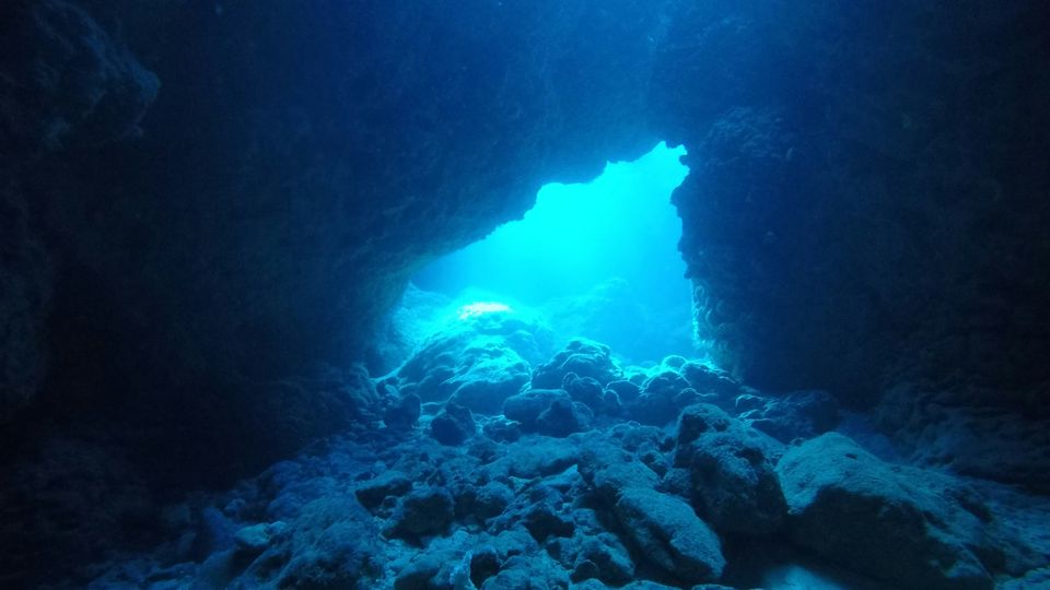 A view out of an underwater cave, looking towards brighter water.