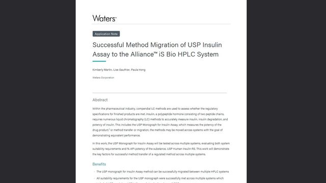 Waters application note on successful USP Insulin Assay method migration to the Alliance iS Bio HPLC System 