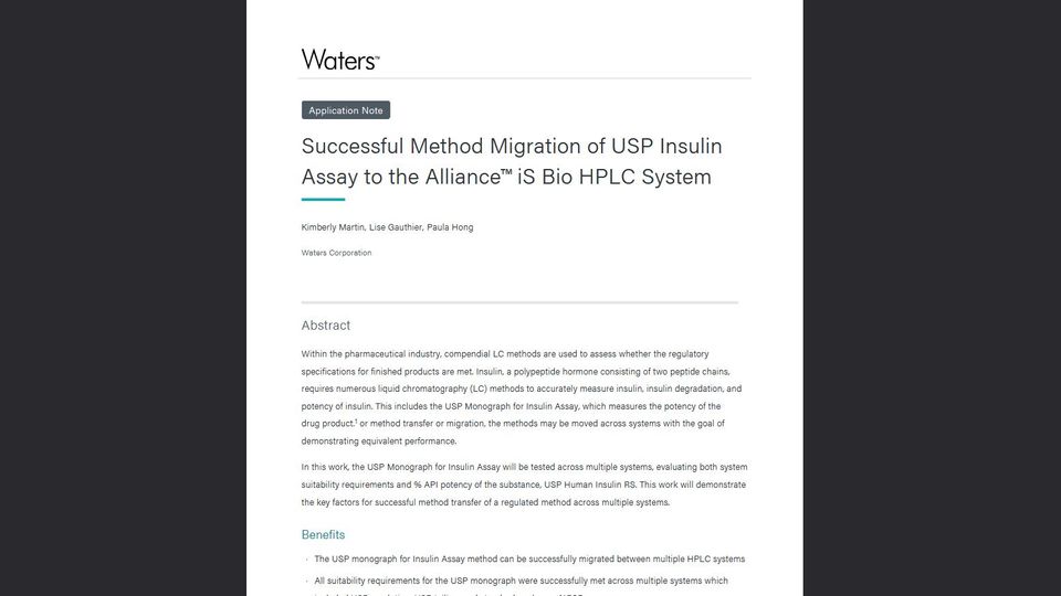 Waters application note on successful USP Insulin Assay method migration to the Alliance iS Bio HPLC System