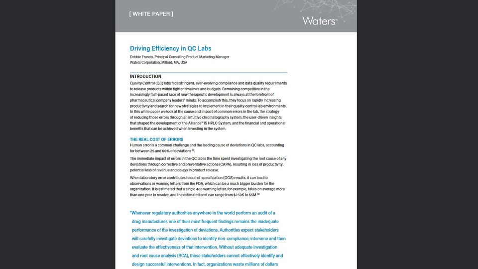 Waters white paper titled 'Driving Efficiency in QC Labs,' addressing errors, productivity, and benefits of the Alliance iS HPLC System