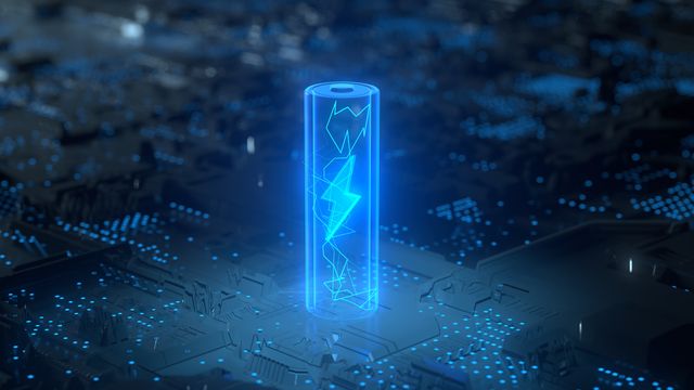 A digital illustration showing the glowing outline of a battery in blue, hovering over a computer motherboard lit with blue LEDs.
