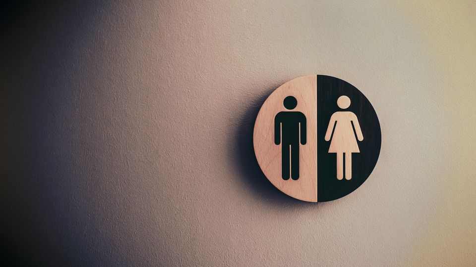 Wooden gender sign showing male and female symbols divided equally on a circular plaque.