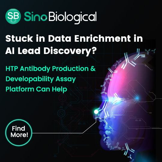 Sino Biological ad with digital face graphic promoting AI lead discovery support through HTP antibody production and assays 