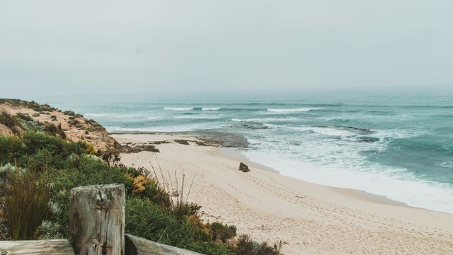 Sand dunes by the beach at high tide on a gray, cloudy day.