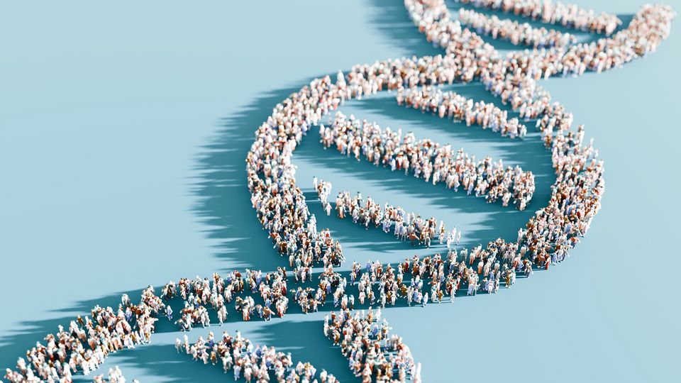 A large group of individuals standing in a crowd, in the shape of a DNA strand to represent human connectedness. 