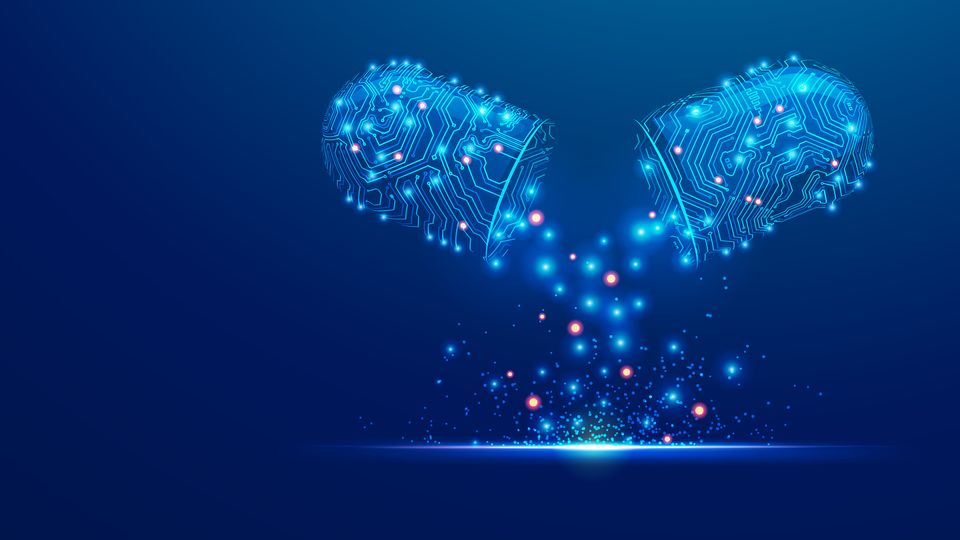 Digital drug capsule with circuit patterns releasing glowing particles, symbolizing AI.