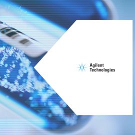 Digital rendering of DNA strands in a test tube with Agilent Technologies logo, representing genomics research. 