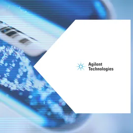 Digital rendering of DNA strands in a test tube with Agilent Technologies logo, representing genomics research.