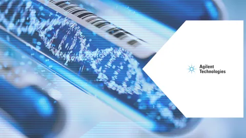 Digital rendering of DNA strands in a test tube with Agilent Technologies logo, representing genomics research.
