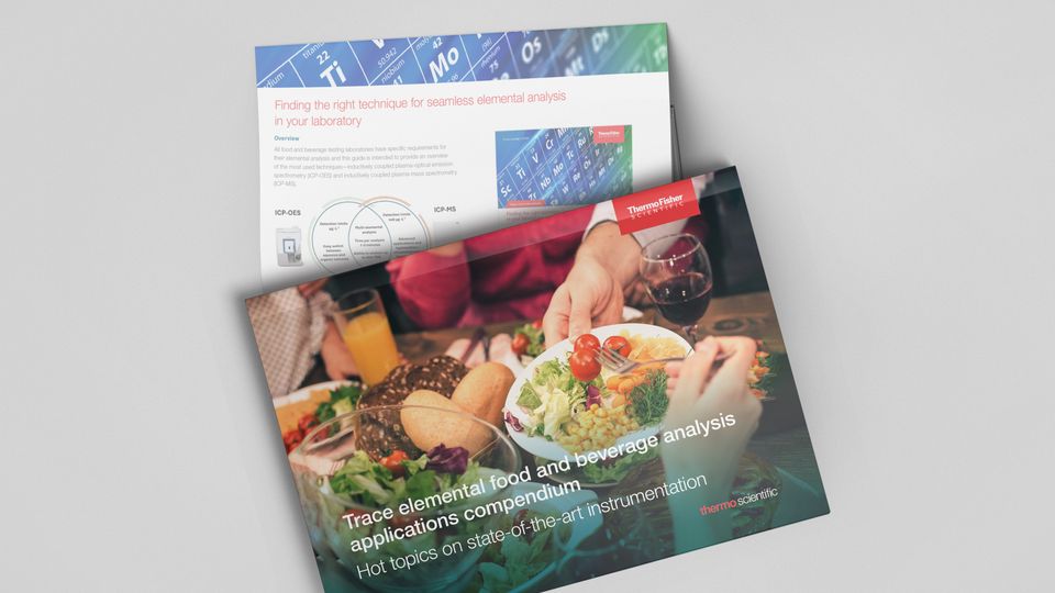 Thermo Fisher compedium on trace elemental food analysis with cover showing fresh meal and wine