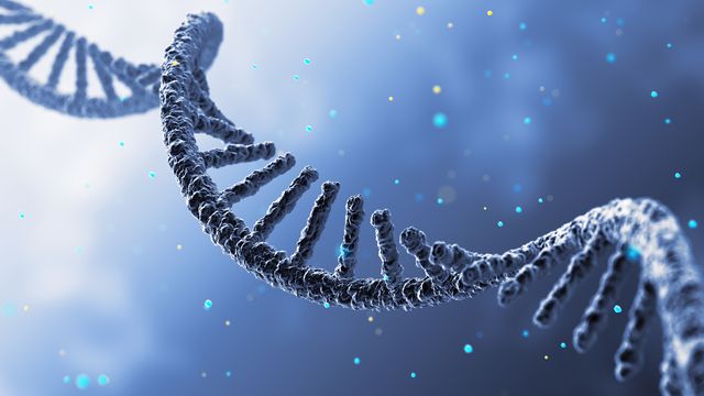 3D illustration of a single RNA strand with molecular details on a blue background.