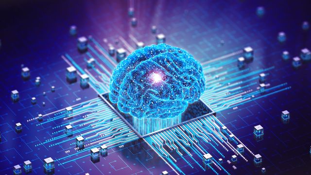 Digital brain integrated with circuits on a microchip symbolizing AI learning and technology.