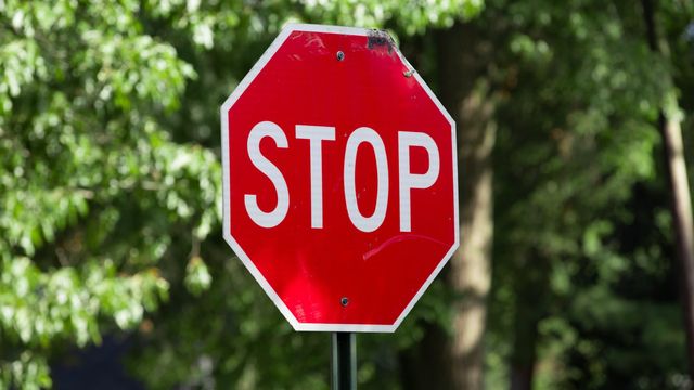 Red stop sign with bold white letters standing against a background of green trees. 