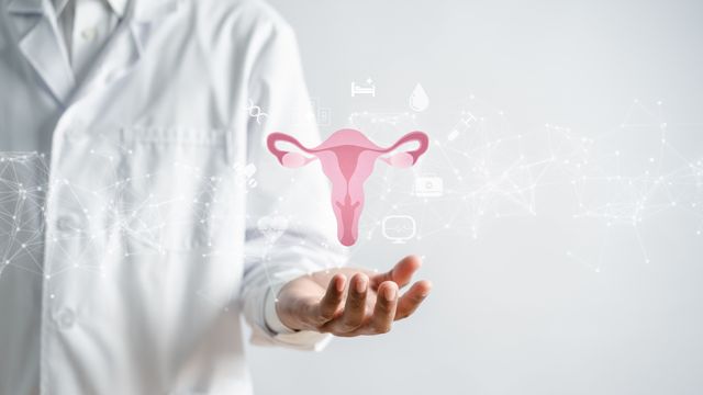 A scientist in a white coat holding their hand out, with a diagram showing a woman's reproductive system projected above the hand.
