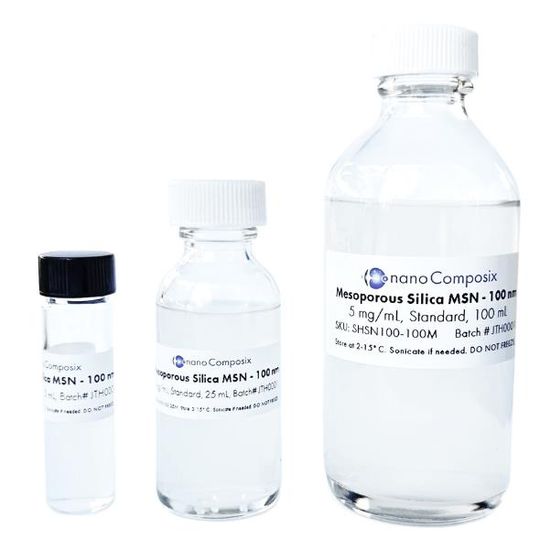 Three glass bottles of Mesoporous Silica Nanoparticles on a white background 
