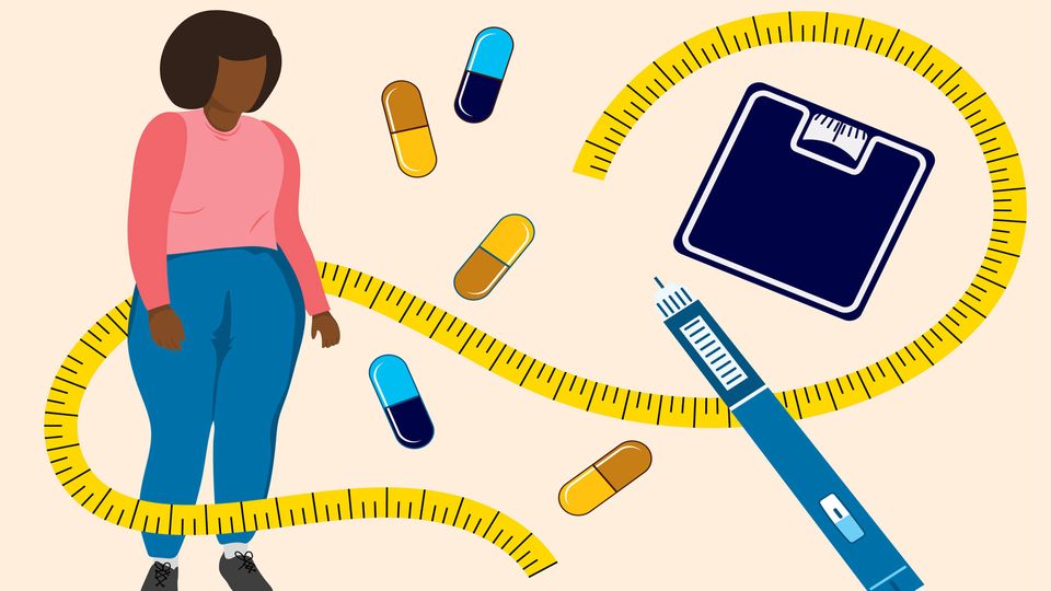 Illustration of a woman, tape measure, scales, drug pen and drug capsules, depicting weight loss drugs.