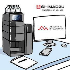 Shimadzu lab instrument and computer displaying “Analytical Intelligence” with text highlighting features 