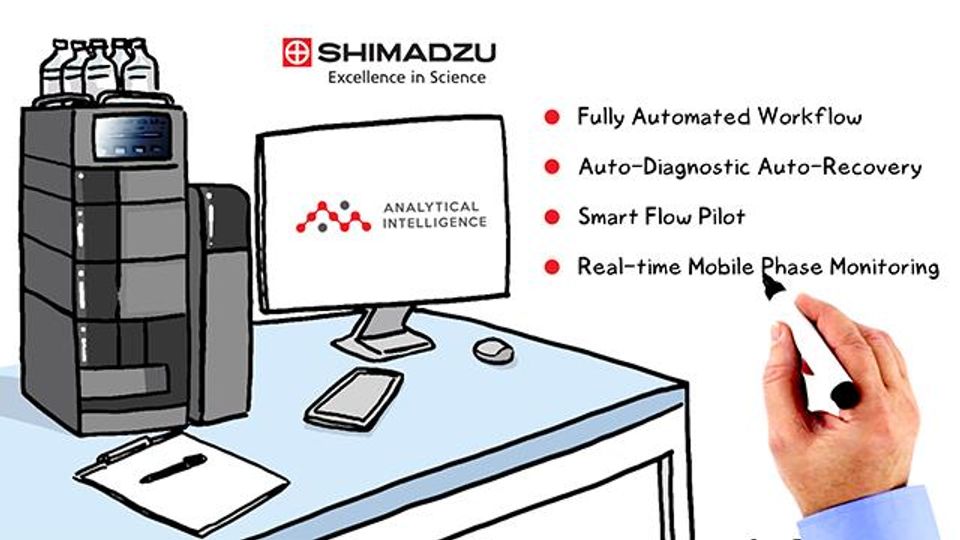 Shimadzu lab instrument and computer displaying “Analytical Intelligence” with text highlighting features