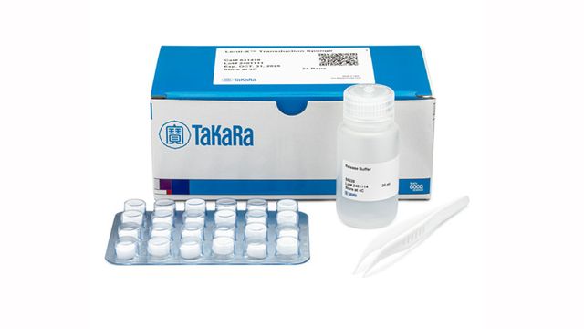 Takara Lenti-X Transduction Sponge kit box with release buffer bottle, sponge tray, and white plastic tweezers displayed in front 